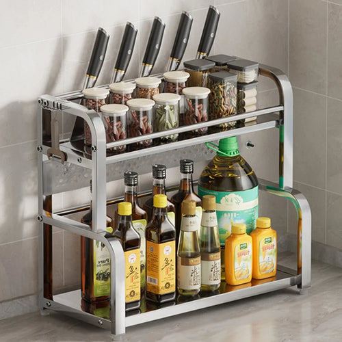 50cm Stainless Steel Kitchen Countertop Storage Organizer 2 Layer Knife Holder with Removable Hooks - Bright Color - 1