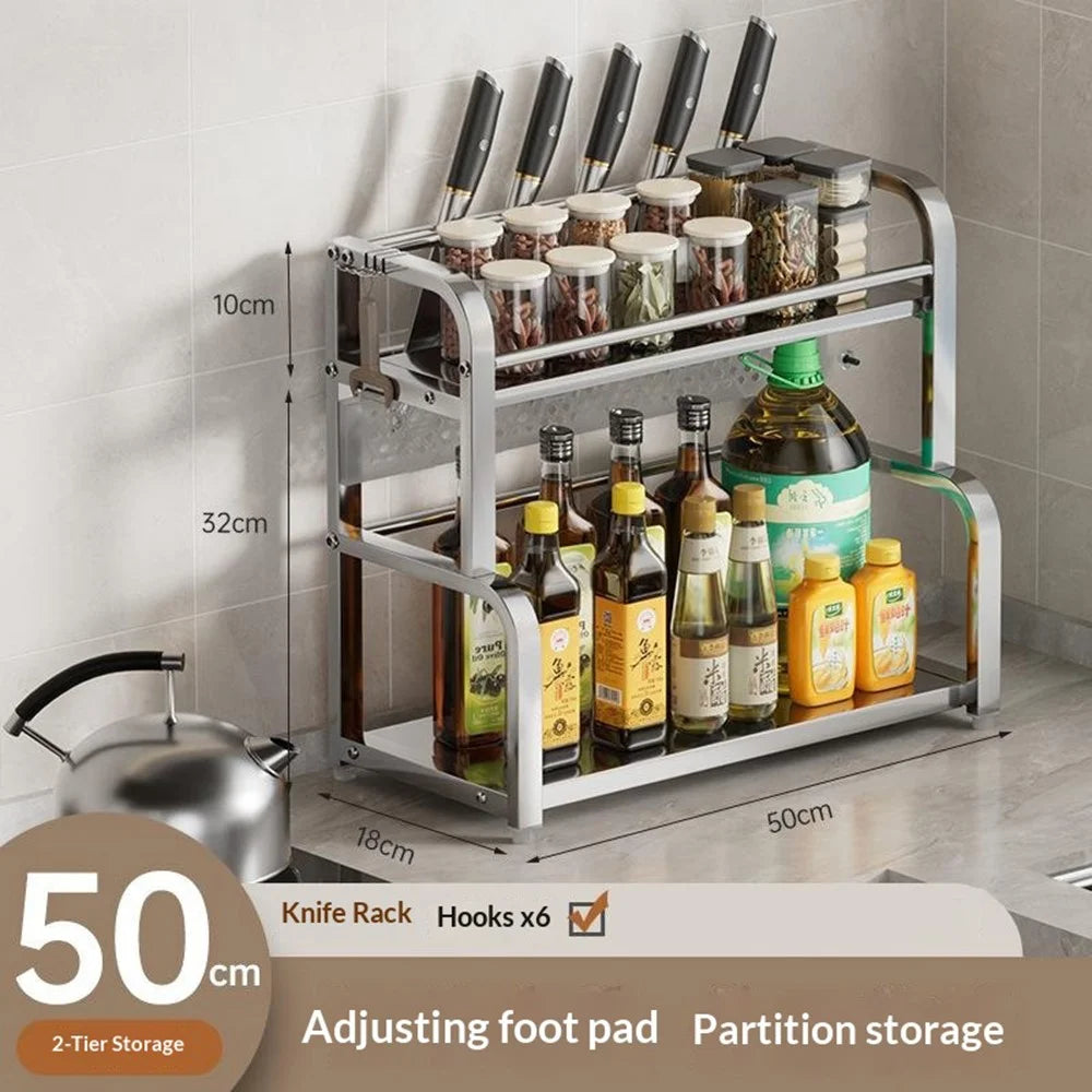 50cm Stainless Steel Kitchen Countertop Storage Organizer 2 Layer Knife Holder with Removable Hooks - Bright Color - 2