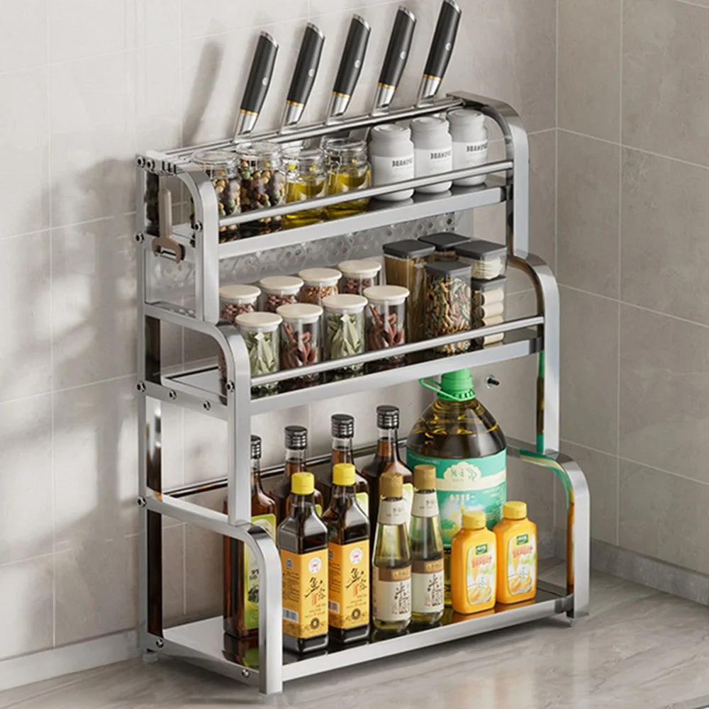 50cm 3 Layer Kitchen Countertop Storage Rack Stainless Steel Spice Organizer Knife Holder with Removable Hooks - Bright Color - 1