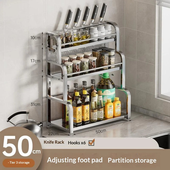 50cm 3 Layer Kitchen Countertop Storage Rack Stainless Steel Spice Organizer Knife Holder with Removable Hooks - Bright Color - 2