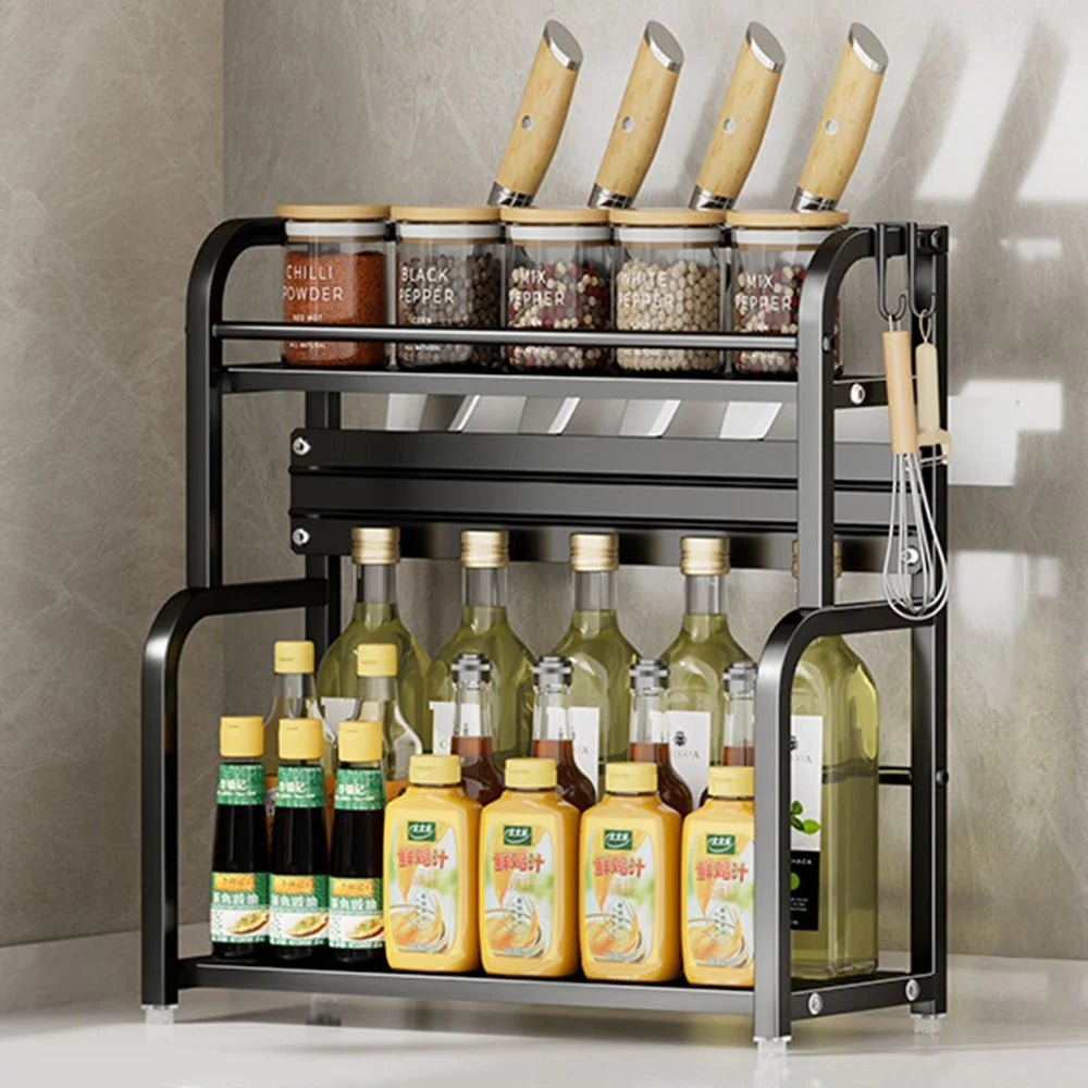 40cm 2 Layer Kitchen Storage Rack Carbon Steel Spice Organizer with Removable Hooks Knife Holder - Black - 1