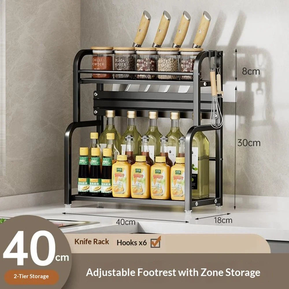 40cm 2 Layer Kitchen Storage Rack Carbon Steel Spice Organizer with Removable Hooks Knife Holder - Black - 4