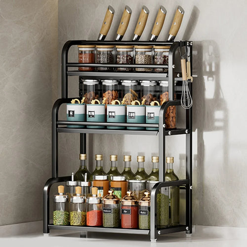40cm 3 Layer Kitchen Storage Rack Carbon Steel Spice Organizer with Removable Hooks Knife Holder - Black - 1