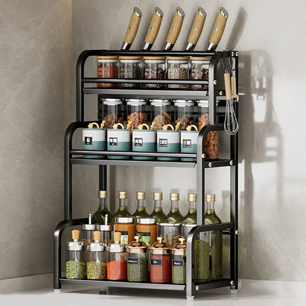 40cm 3 Layer Kitchen Storage Rack Carbon Steel Spice Organizer with Removable Hooks Knife Holder - Black - 1