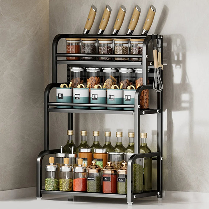 40cm 3 Layer Kitchen Storage Rack Carbon Steel Spice Organizer with Removable Hooks Knife Holder - Black - 1