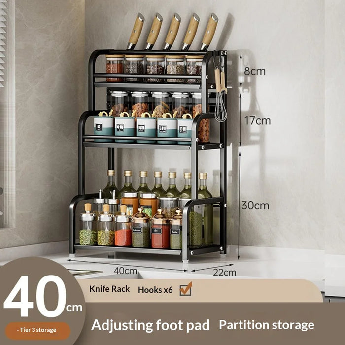 40cm 3 Layer Kitchen Storage Rack Carbon Steel Spice Organizer with Removable Hooks Knife Holder - Black - 5