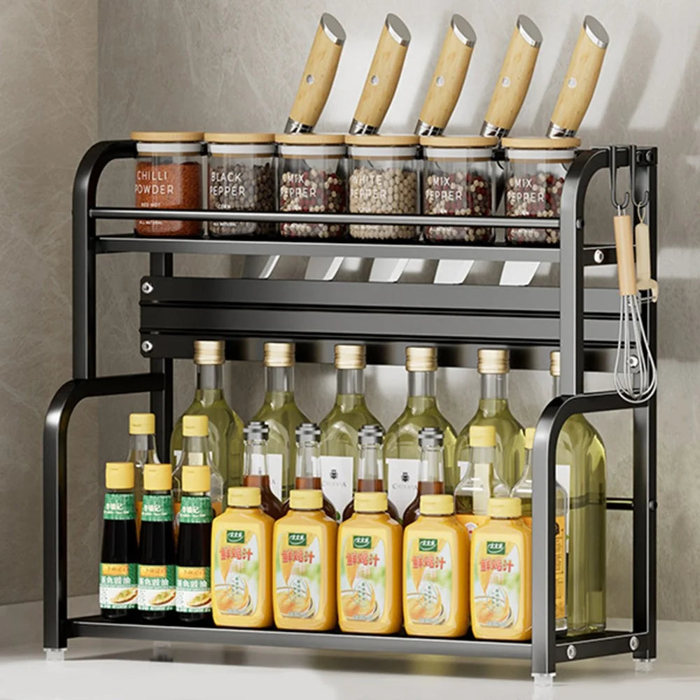 50cm 2 Layer Kitchen Storage Rack Carbon Steel Spice Organizer with Removable Hooks Knife Holder - Black - 1