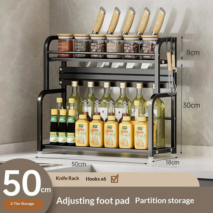 50cm 2 Layer Kitchen Storage Rack Carbon Steel Spice Organizer with Removable Hooks Knife Holder - Black - 4