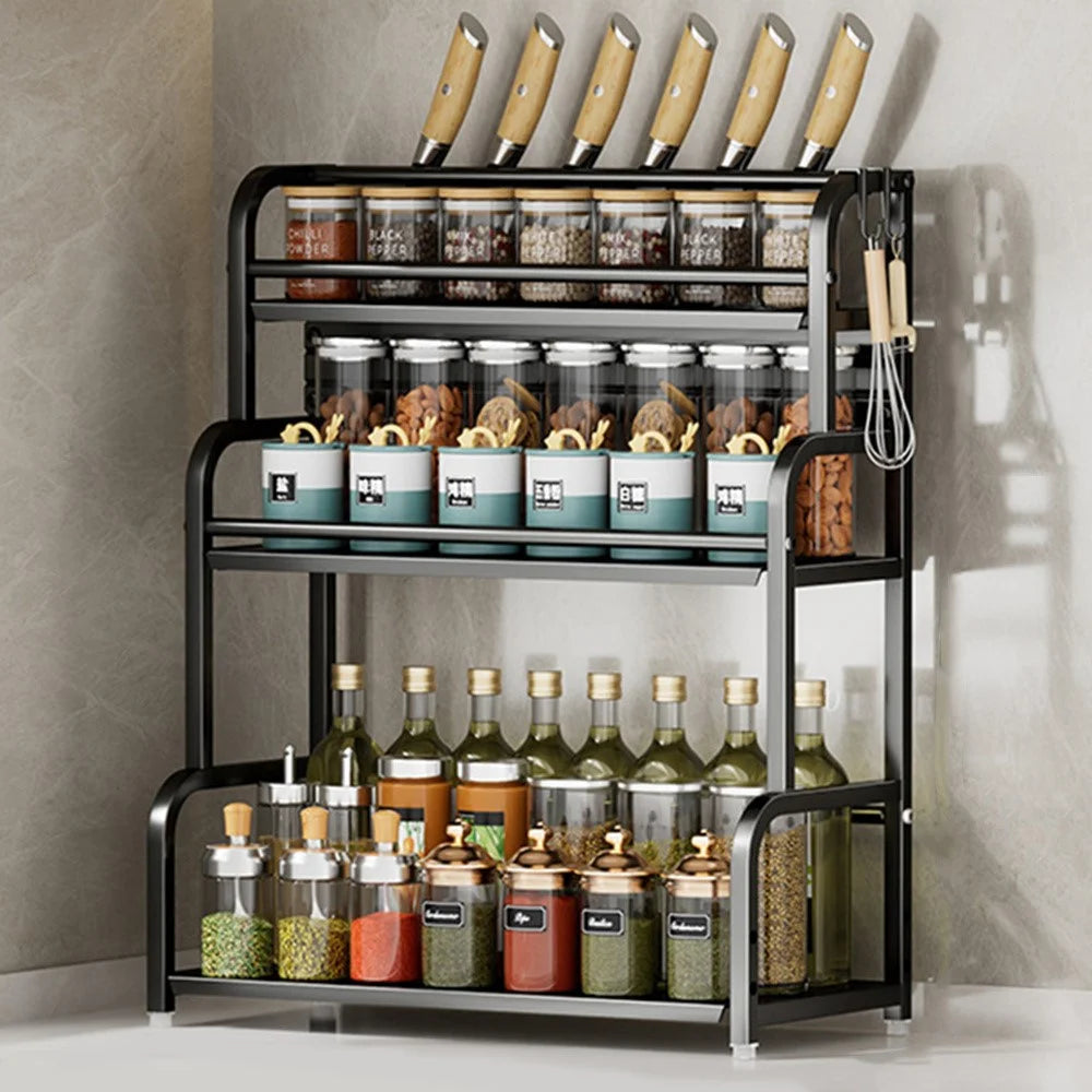 50cm 3 Layer Kitchen Storage Rack Carbon Steel Spice Organizer with Removable Hooks Knife Holder - Black - 1