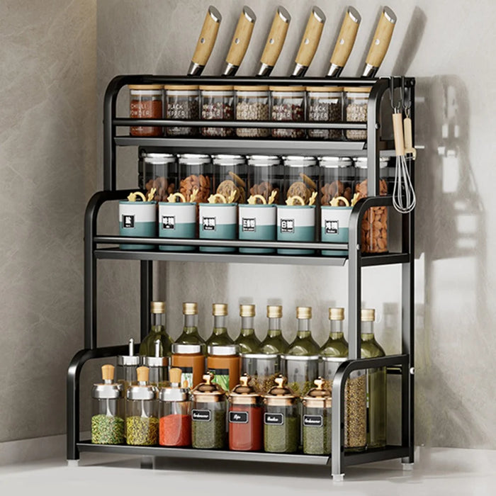 50cm 3 Layer Kitchen Storage Rack Carbon Steel Spice Organizer with Removable Hooks Knife Holder - Black - 1