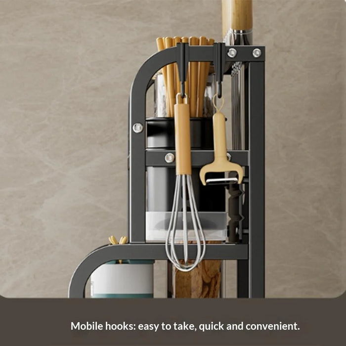 50cm 3 Layer Kitchen Storage Rack Carbon Steel Spice Organizer with Removable Hooks Knife Holder - Black - 2