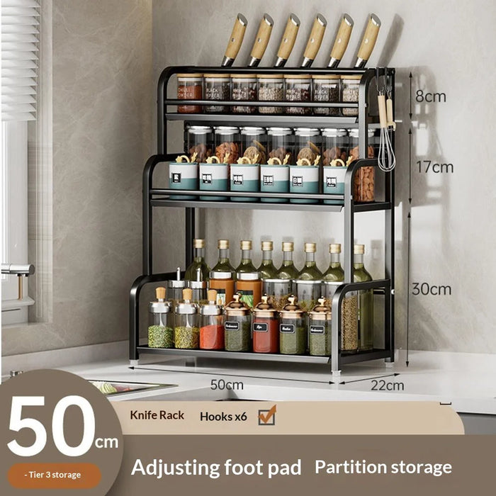 50cm 3 Layer Kitchen Storage Rack Carbon Steel Spice Organizer with Removable Hooks Knife Holder - Black - 4
