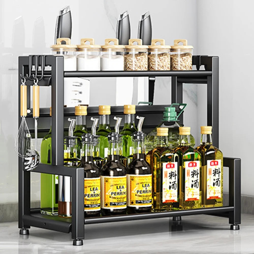 Carbon Steel 40cm Kitchen Storage Rack 2 Layer Seasoning Organizer Countertop Knife Shelf with Hook - 1