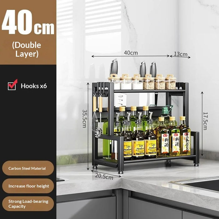 Carbon Steel 40cm Kitchen Storage Rack 2 Layer Seasoning Organizer Countertop Knife Shelf with Hook - 4