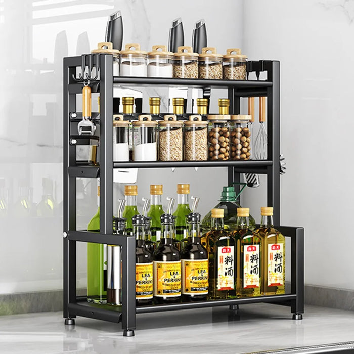 Carbon Steel 40cm 3 Layer Kitchen Storage Rack Spice Organizer Countertop Knife Holder with Hook - 1