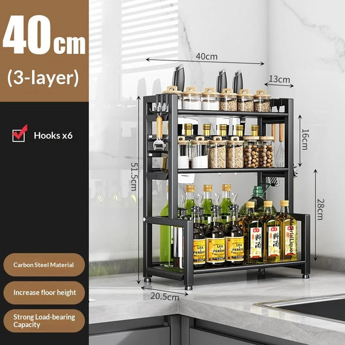 Carbon Steel 40cm 3 Layer Kitchen Storage Rack Spice Organizer Countertop Knife Holder with Hook - 5