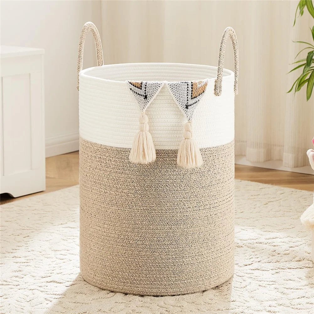 Cotton Rope Woven Storage Bucket Large Capacity Laundry Hamper Handheld Storage Basket for Clothes Toys - White with Speckled Brown - 2