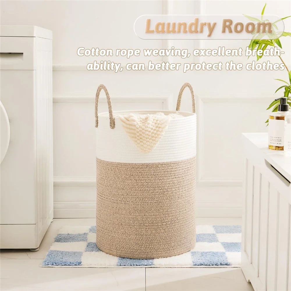 Cotton Rope Woven Storage Bucket Large Capacity Laundry Hamper Handheld Storage Basket for Clothes Toys - White with Speckled Brown - 3