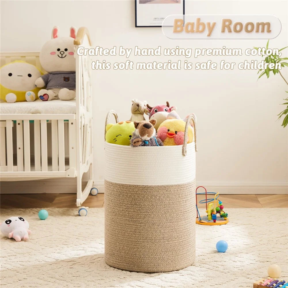 Cotton Rope Woven Storage Bucket Large Capacity Laundry Hamper Handheld Storage Basket for Clothes Toys - White with Speckled Brown - 4