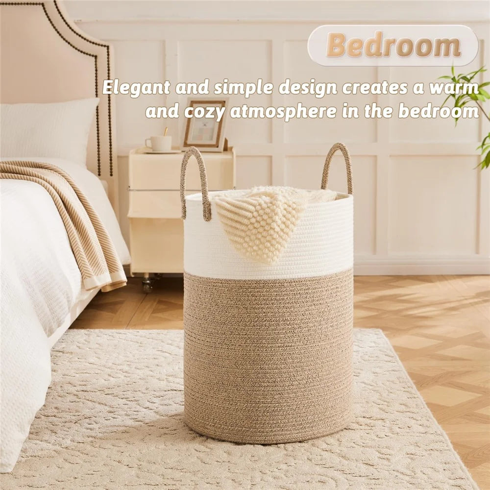 Cotton Rope Woven Storage Bucket Large Capacity Laundry Hamper Handheld Storage Basket for Clothes Toys - White with Speckled Brown - 5