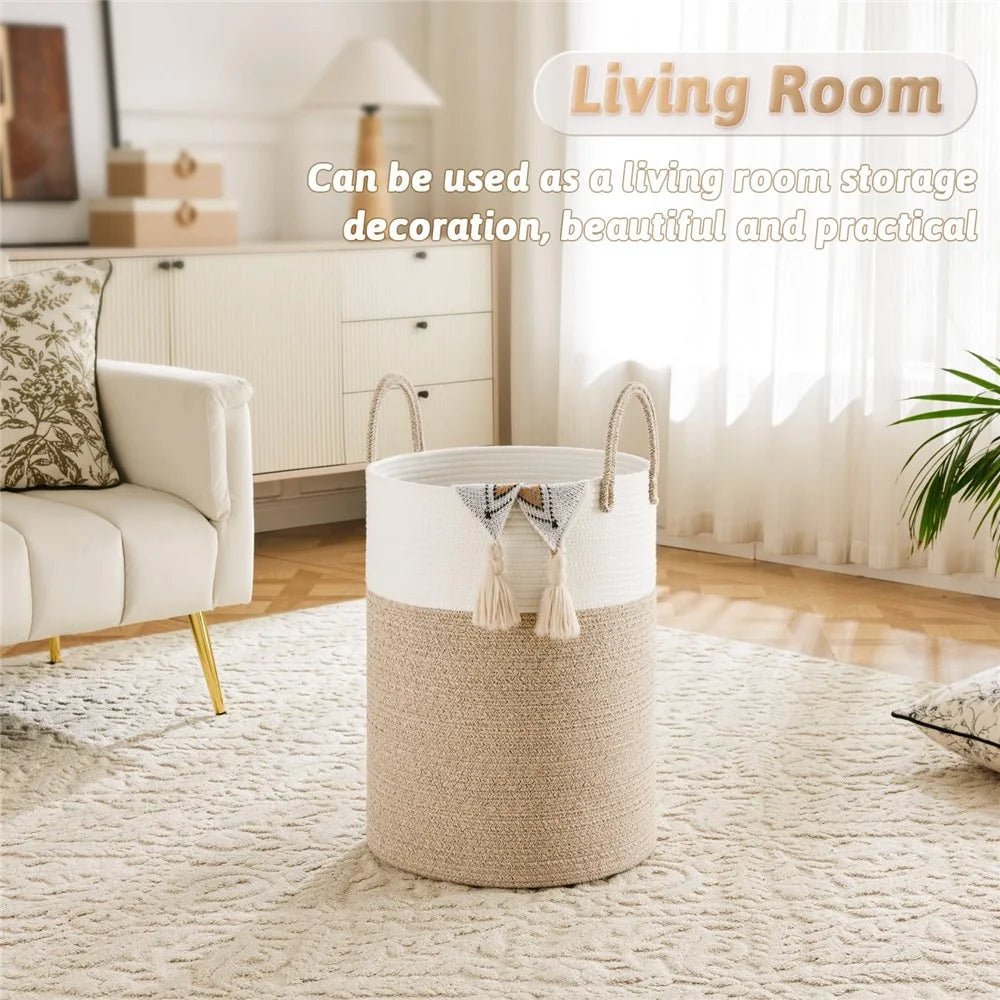 Cotton Rope Woven Storage Bucket Large Capacity Laundry Hamper Handheld Storage Basket for Clothes Toys - White with Speckled Brown - 6