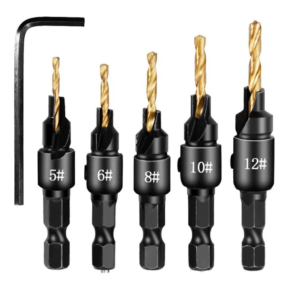 5PCS Countersink Woodworking Drill Bit Set Hexagon Screw Hardware Tool (5 Drills + 1 Wrench) - Gold - 1