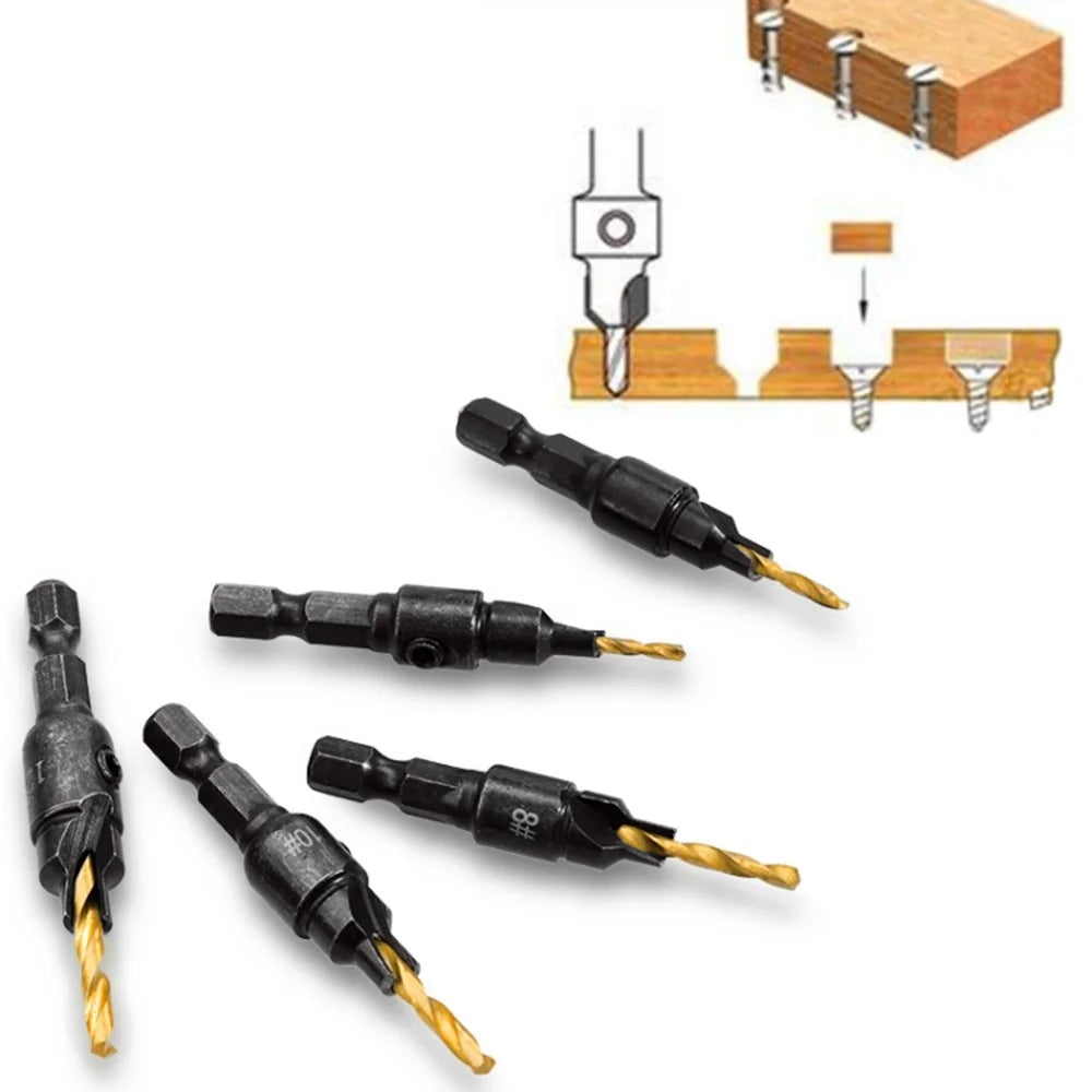 5PCS Countersink Woodworking Drill Bit Set Hexagon Screw Hardware Tool (5 Drills + 1 Wrench) - Gold - 2