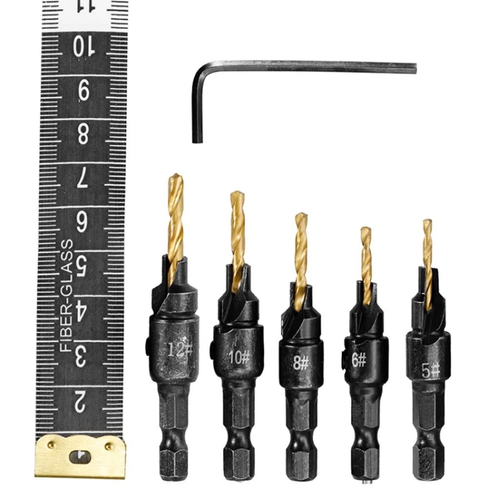 5PCS Countersink Woodworking Drill Bit Set Hexagon Screw Hardware Tool (5 Drills + 1 Wrench) - Gold - 3