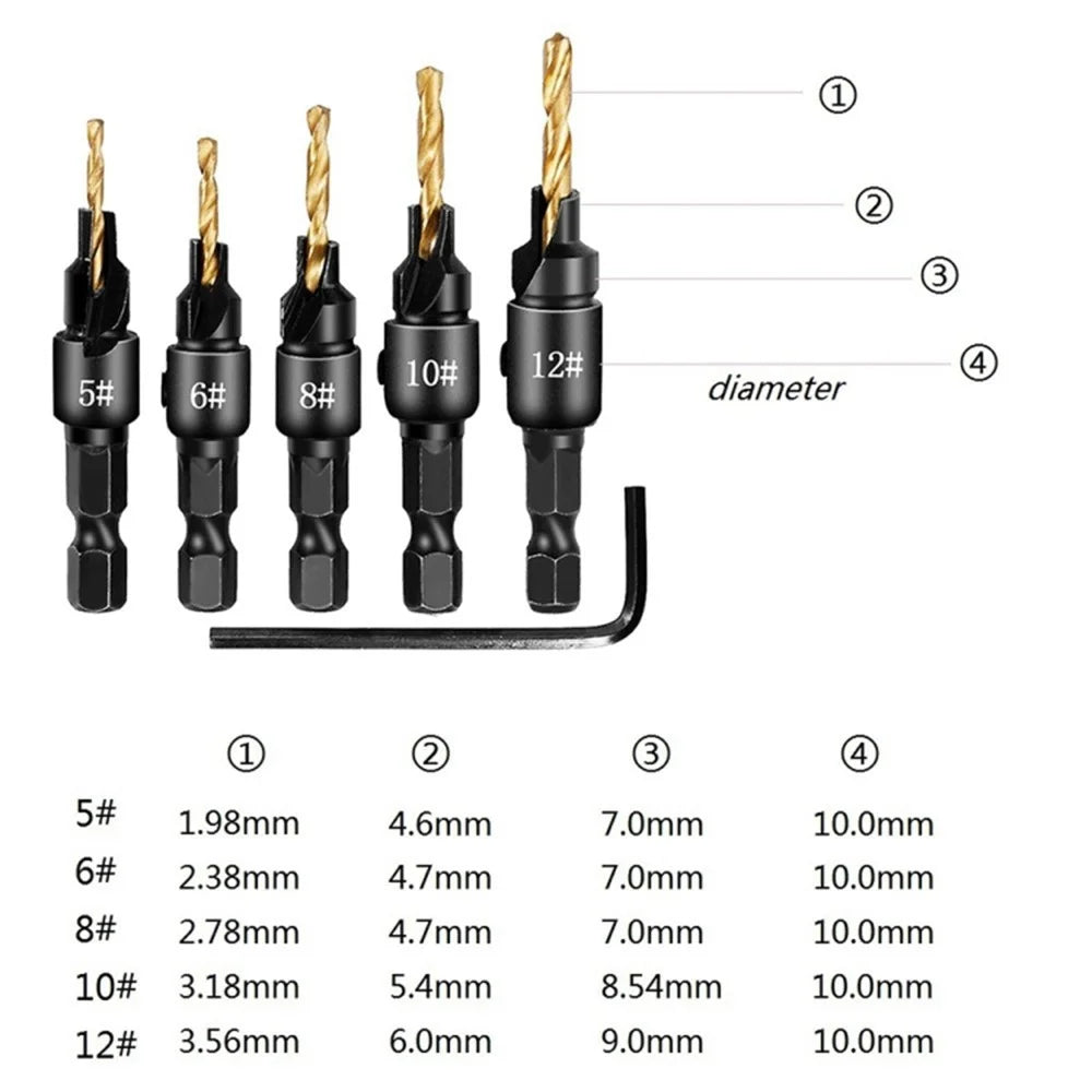 5PCS Countersink Woodworking Drill Bit Set Hexagon Screw Hardware Tool (5 Drills + 1 Wrench) - Gold - 4