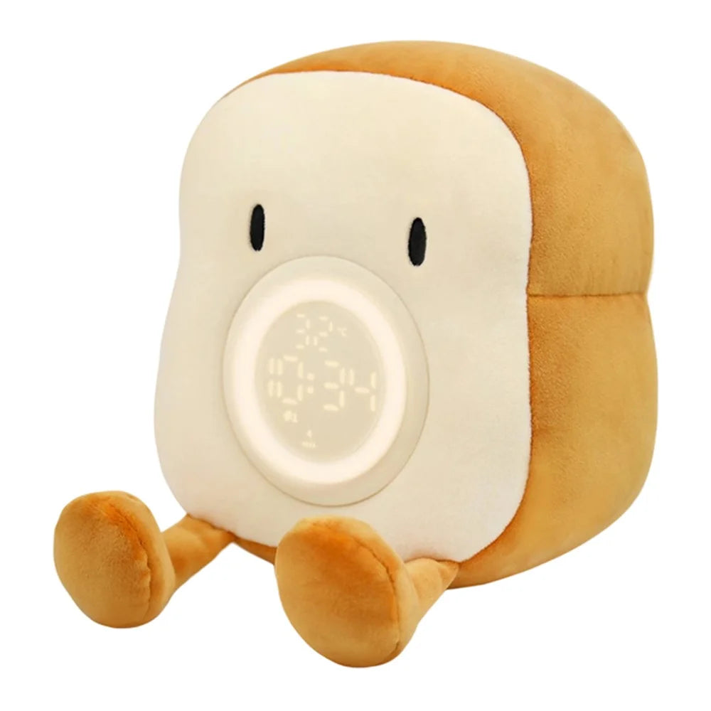 Cartoon Toast Shape Alarm Clock Night Light with 4 Ringtones for Bedroom Plush Toy Kids Gift - Eyes Opened - 1
