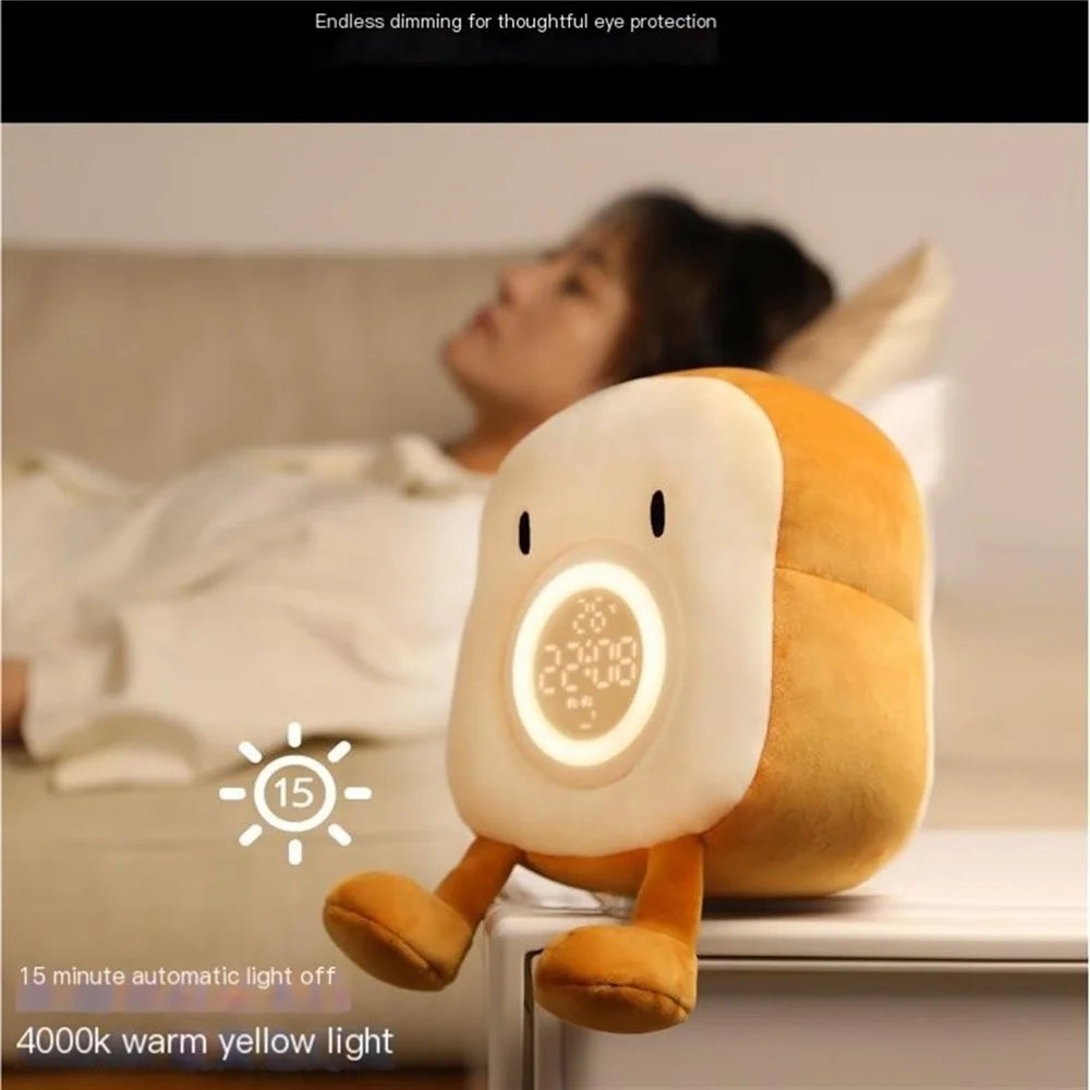 Cartoon Toast Shape Alarm Clock Night Light with 4 Ringtones for Bedroom Plush Toy Kids Gift - Eyes Opened - 2