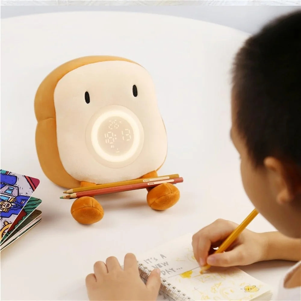 Cartoon Toast Shape Alarm Clock Night Light with 4 Ringtones for Bedroom Plush Toy Kids Gift - Eyes Opened - 3