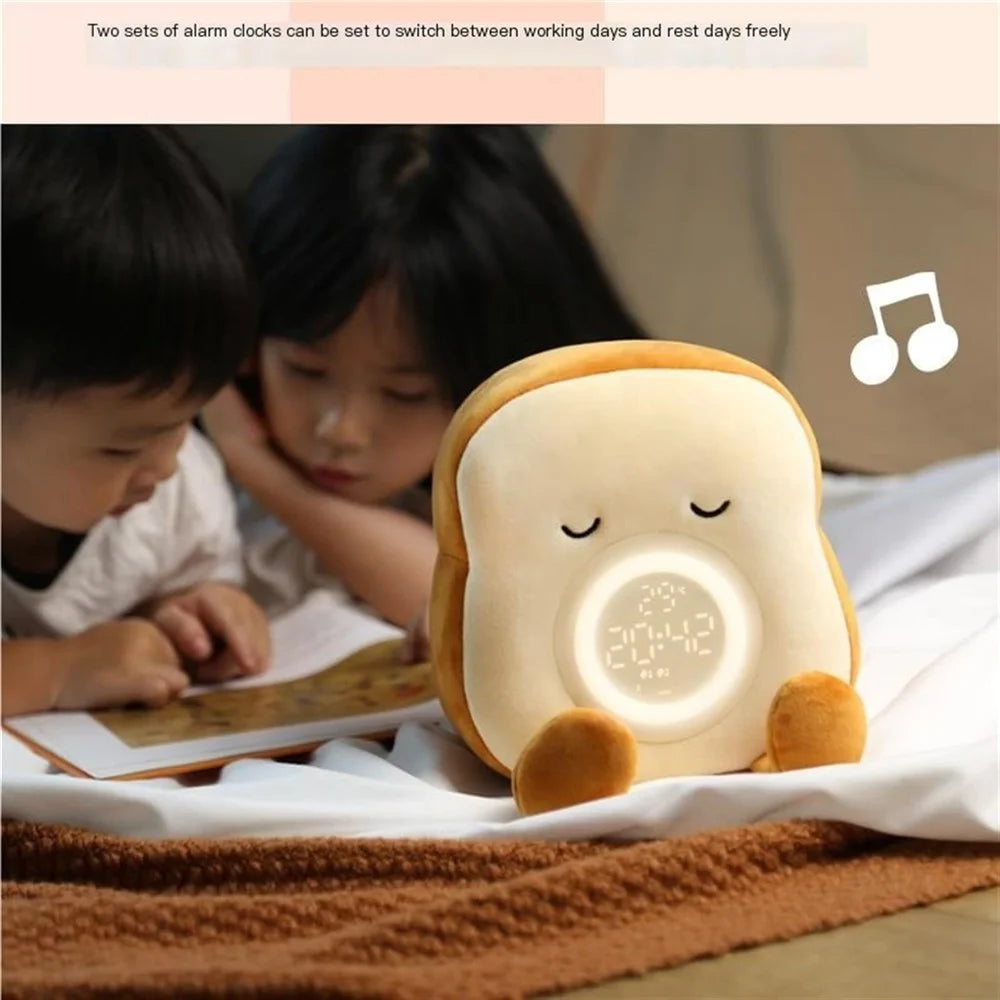 Cartoon Toast Shape Alarm Clock Night Light with 4 Ringtones for Bedroom Plush Toy Kids Gift - Eyes Opened - 5