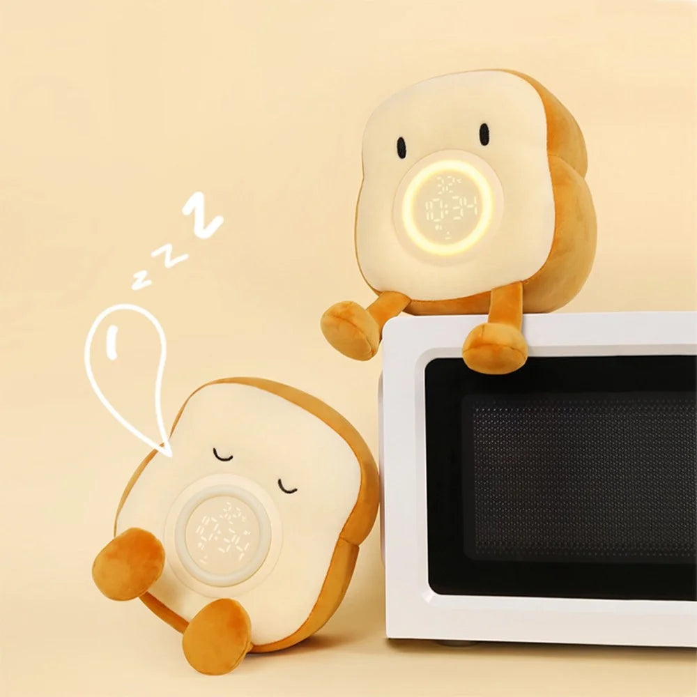 Cartoon Toast Shape Alarm Clock Night Light with 4 Ringtones for Bedroom Plush Toy Kids Gift - Eyes Opened - 6