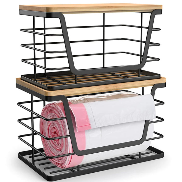 2Pcs  /  Set Stackable Kitchen Countertop Organizer Garbage Bag Dispenser with Bamboo Top Wall Mounted Fruit Vegetable Basket - 1