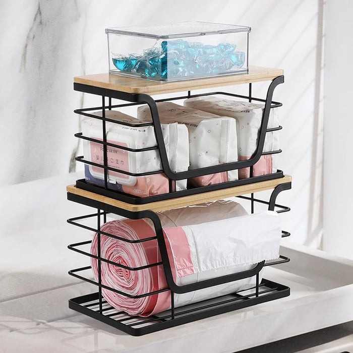 2Pcs  /  Set Stackable Kitchen Countertop Organizer Garbage Bag Dispenser with Bamboo Top Wall Mounted Fruit Vegetable Basket - 3
