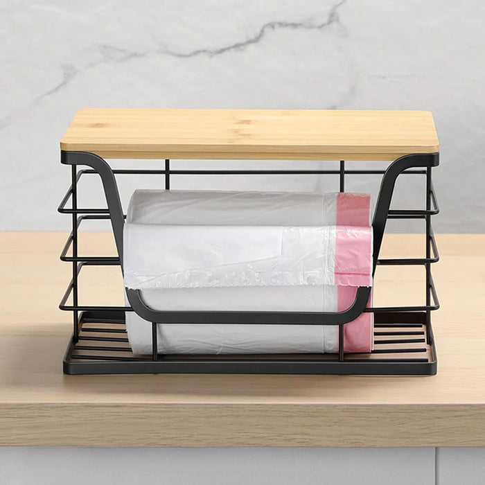2Pcs  /  Set Stackable Kitchen Countertop Organizer Garbage Bag Dispenser with Bamboo Top Wall Mounted Fruit Vegetable Basket - 5
