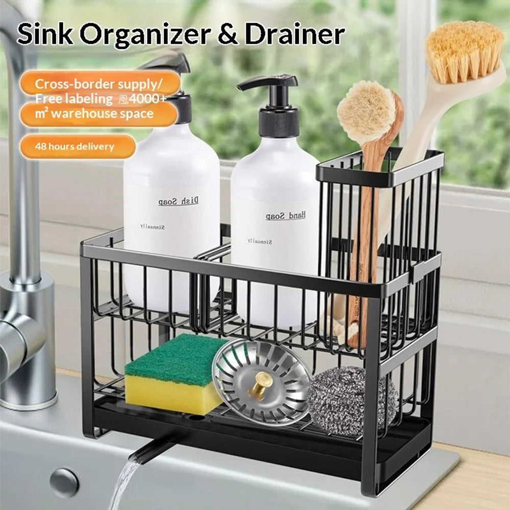 Dual Layer Sink Organizer for Sponges Brushes Soap Dispensers Carbon Steel Draining Rack with Detachable Brush Holder - 2
