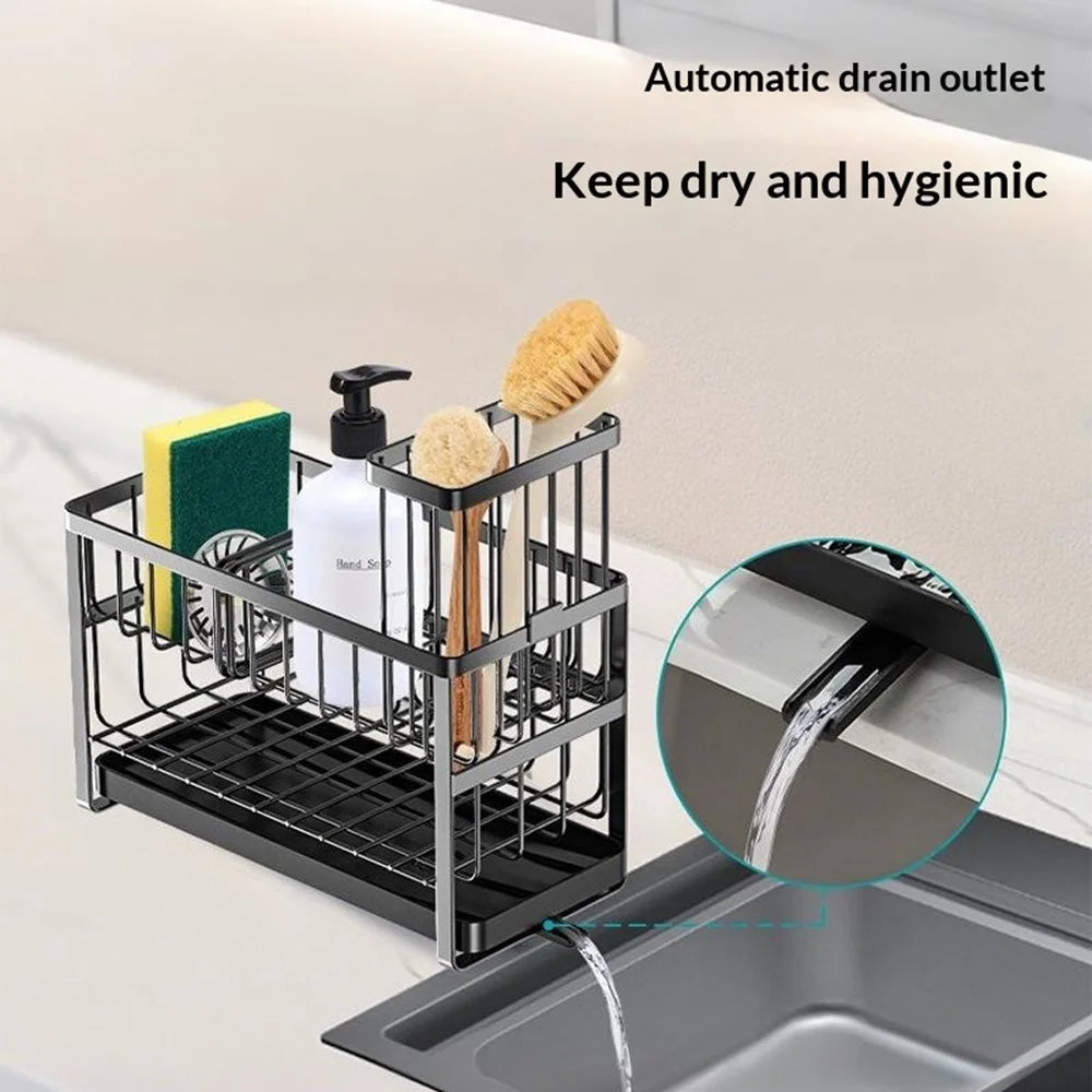 Dual Layer Sink Organizer for Sponges Brushes Soap Dispensers Carbon Steel Draining Rack with Detachable Brush Holder - 3