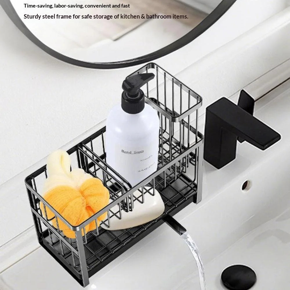 Dual Layer Sink Organizer for Sponges Brushes Soap Dispensers Carbon Steel Draining Rack with Detachable Brush Holder - 4