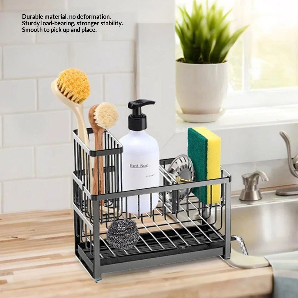 Dual Layer Sink Organizer for Sponges Brushes Soap Dispensers Carbon Steel Draining Rack with Detachable Brush Holder - 5