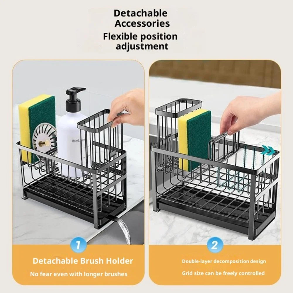 Dual Layer Sink Organizer for Sponges Brushes Soap Dispensers Carbon Steel Draining Rack with Detachable Brush Holder - 6
