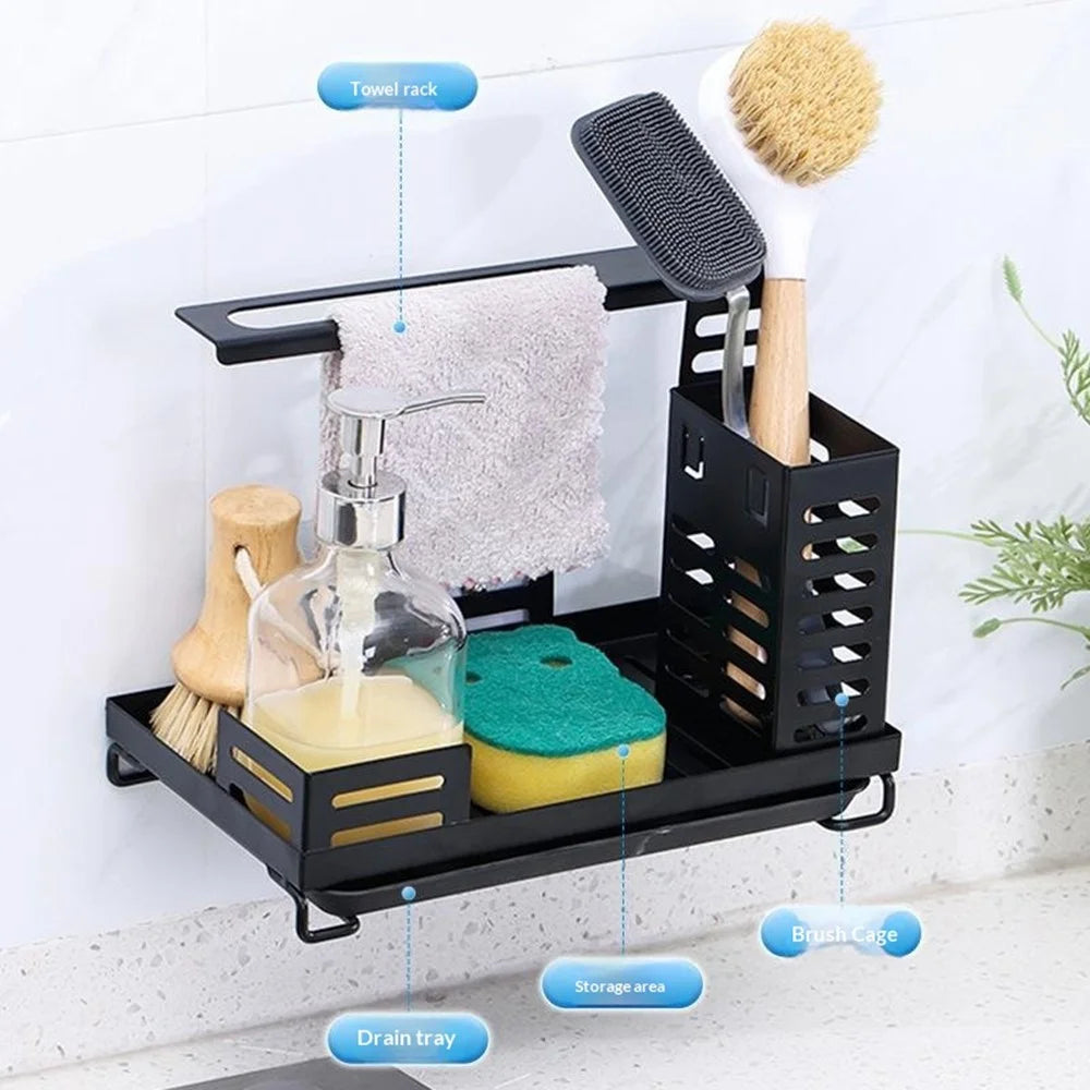 Sink Caddy Organizer for Kitchen Soap Dispenser Holder No Drilling Wall Mounted Sponge Drain Rack - 4