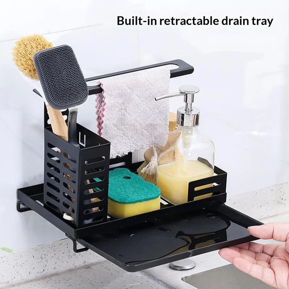 Sink Caddy Organizer for Kitchen Soap Dispenser Holder No Drilling Wall Mounted Sponge Drain Rack - 5