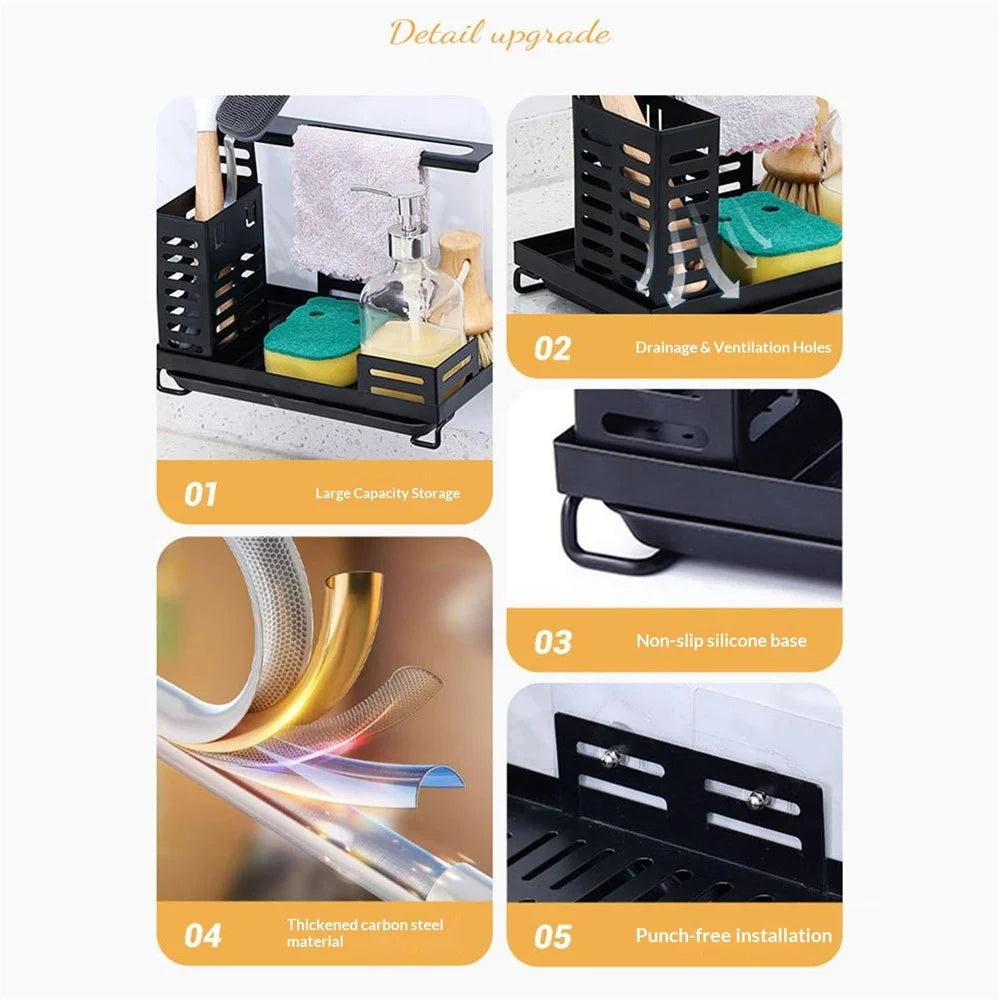 Sink Caddy Organizer for Kitchen Soap Dispenser Holder No Drilling Wall Mounted Sponge Drain Rack - 7