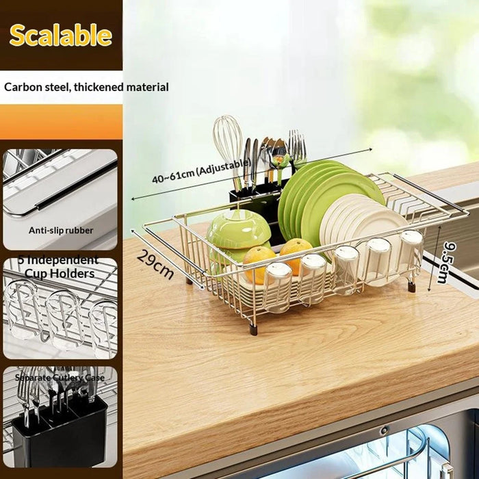 Carbon Steel 5-Cup Holder Retractable Sink Dish Organizer Countertop Dish Drying Rack Large Capacity for Bowls Plates Forks - Silver - 1