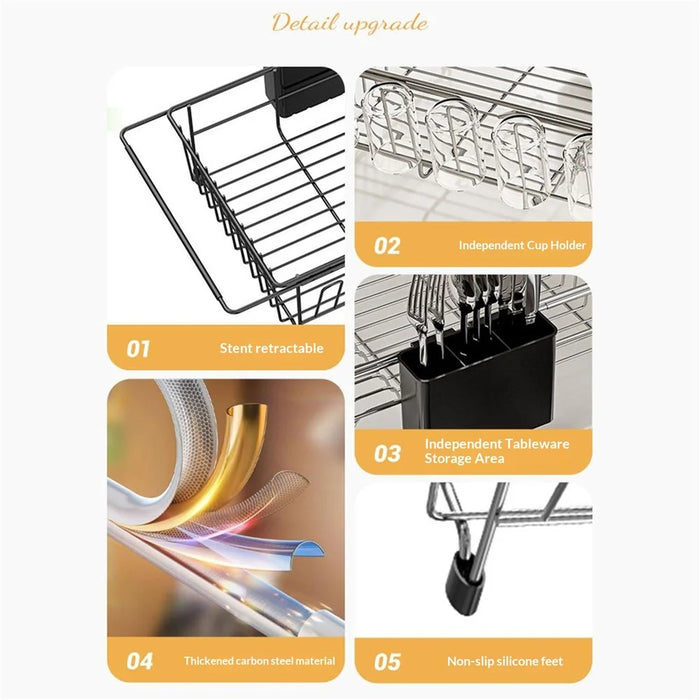 Carbon Steel 5-Cup Holder Retractable Sink Dish Organizer Countertop Dish Drying Rack Large Capacity for Bowls Plates Forks - Silver - 3