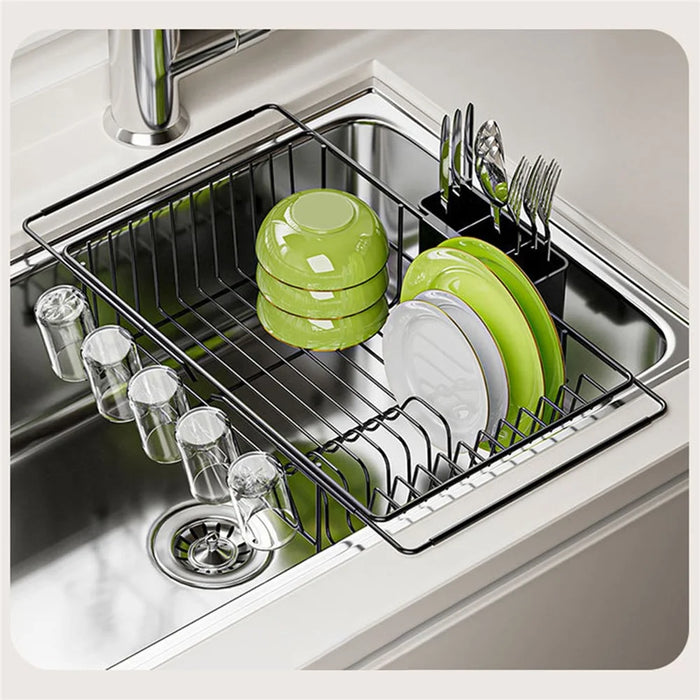 Carbon Steel 5-Cup Holder Retractable Sink Dish Organizer Countertop Dish Drying Rack Large Capacity for Bowls Plates Forks - Silver - 4
