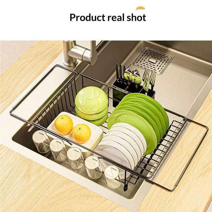 Carbon Steel 5-Cup Holder Retractable Sink Dish Organizer Countertop Dish Drying Rack Large Capacity for Bowls Plates Forks - Silver - 6