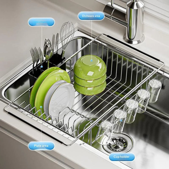 Carbon Steel 5-Cup Holder Retractable Sink Dish Organizer Countertop Dish Drying Rack Large Capacity for Bowls Plates Forks - Silver - 7